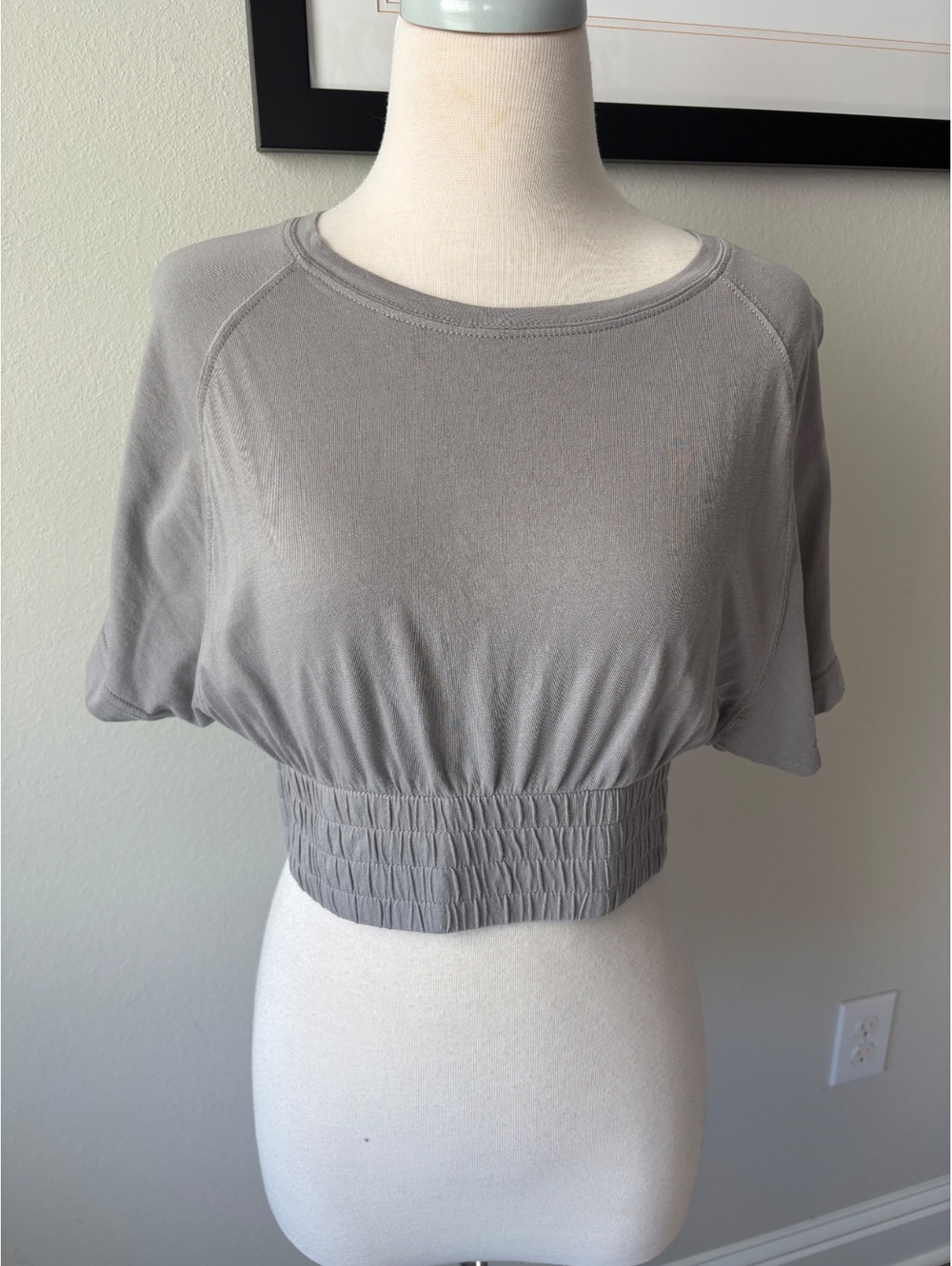 Mono B, Gray Cropped Smocked Waist Short Sleeve Top Size Small